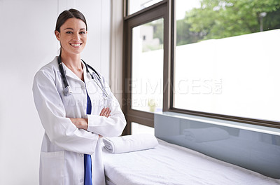 Buy stock photo Portrait, confident doctor or smile in healthcare, medicine or wellness as trust, clinic or service. Woman, arms crossed, expert in professional, advice or commitment as wellbeing gp therapist
