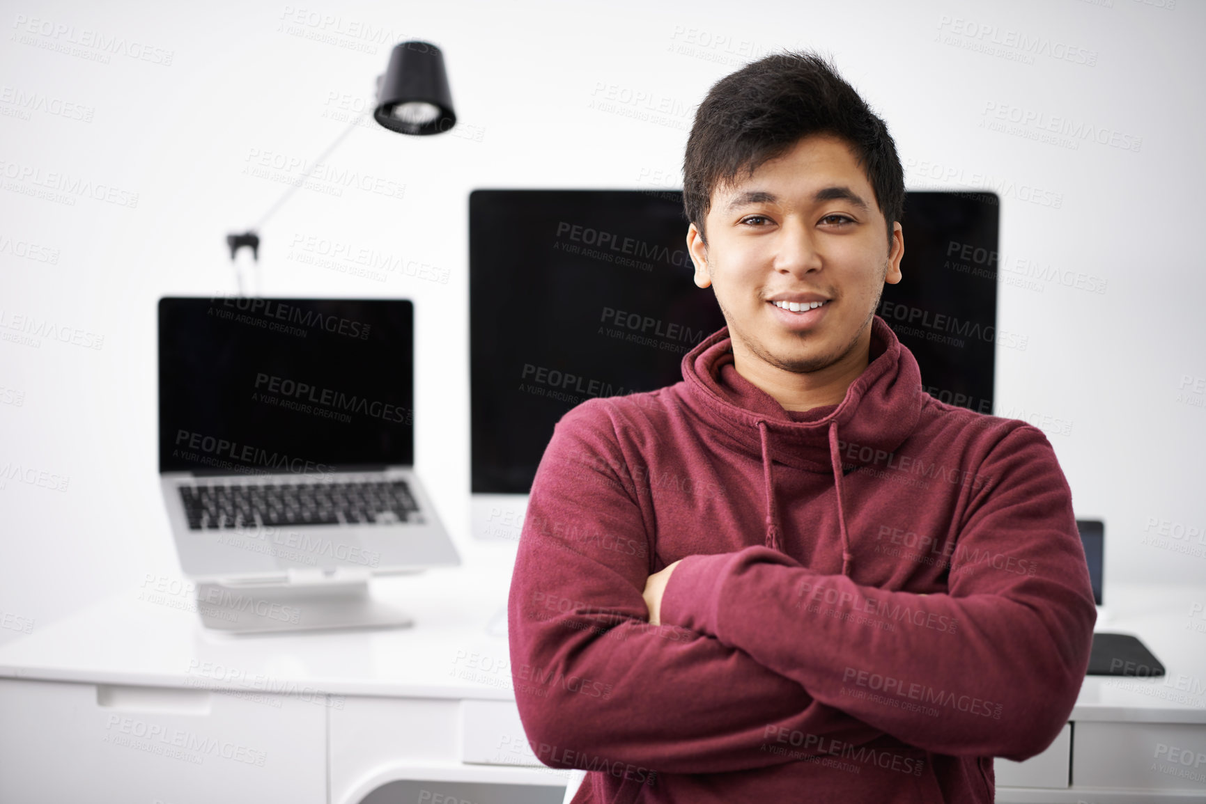 Buy stock photo Laptop, portrait and smile of man for software in office with information technology for cybersecurity. Coder, programmer and male person with arms crossed in workplace with monitor of computer