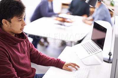 Buy stock photo Laptop, programmer and man typing for update in office with information technology for cybersecurity. Coder, employee and male person writing on keyboard for test of software and application