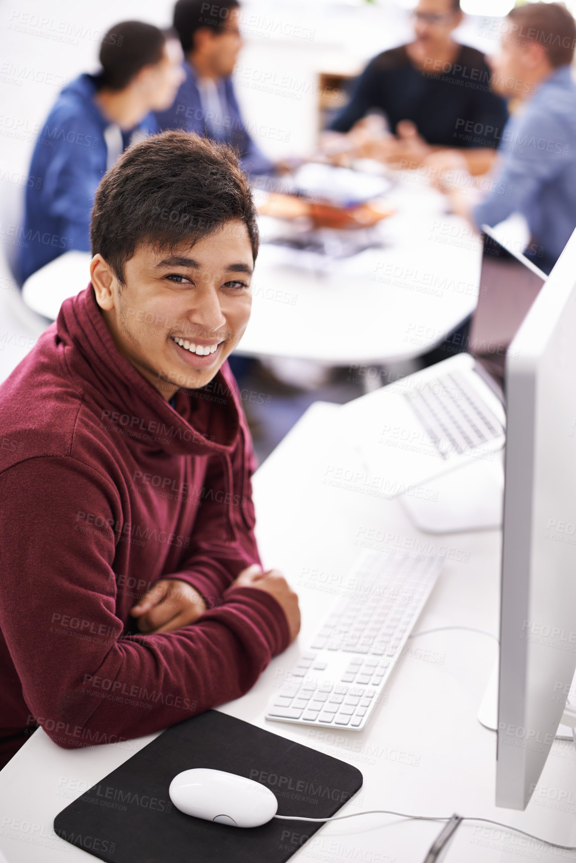 Buy stock photo Happy, portrait and asian man with computer for creative startup, research or development at the office. Face of male person with smile for technology, digital career or tech company at the workplace