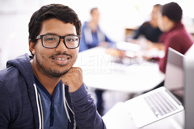 Buy stock photo University, glasses and portrait of man with laptop for research, study or opportunity for education. Computer, knowledge and face of happy college student with online course, pride and confidence.
