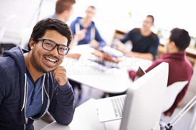 Buy stock photo Happy man, portrait and laughing with glasses in creative startup, research or development at office. Face of male person, nerd or geek with smile for technology or digital career at the workplace
