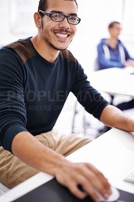 Buy stock photo Happy man, portrait and glasses with computer for research and development in creative startup at office. Handsome male person, nerd or geek working on desktop PC for design or project at workplace