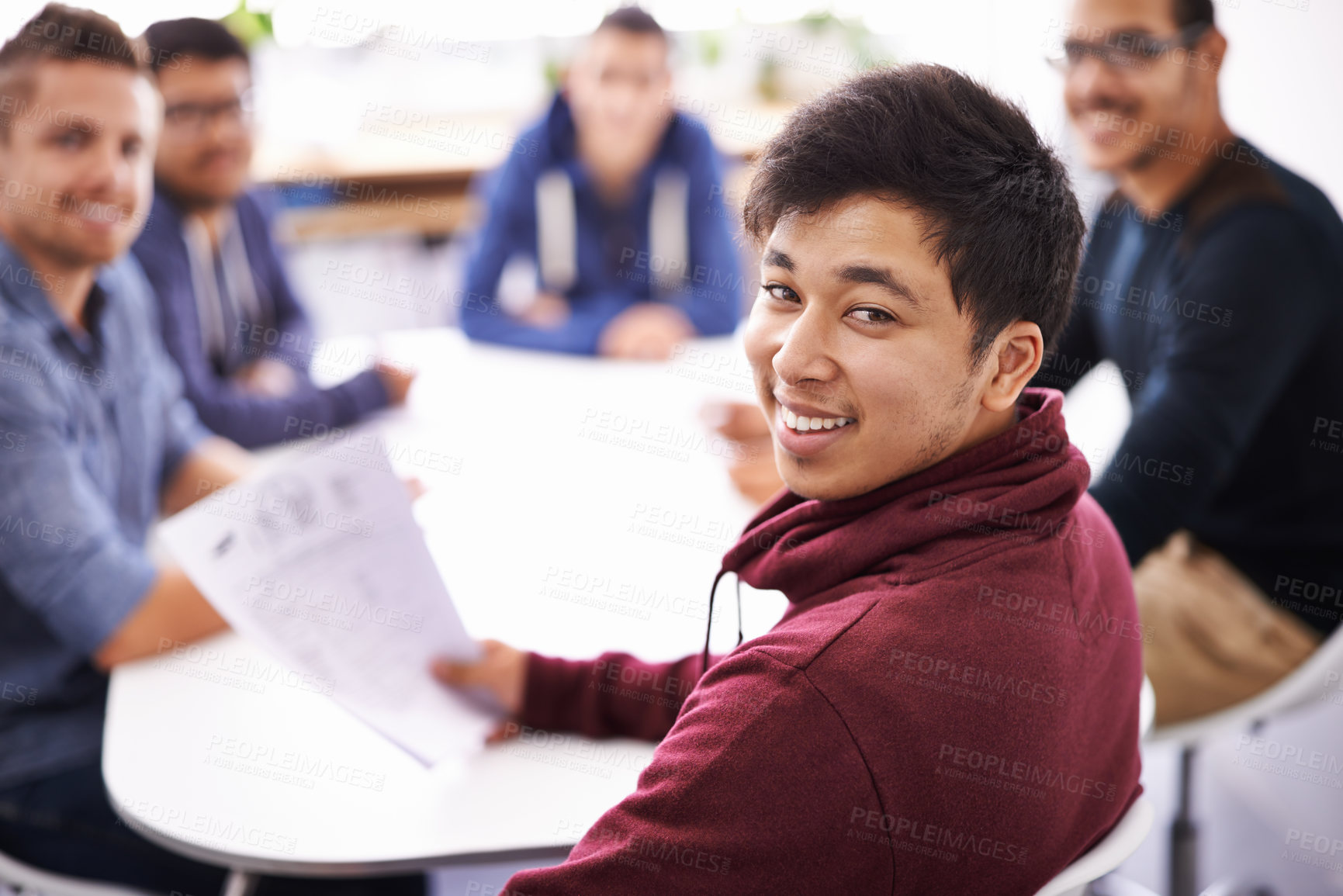 Buy stock photo Students, men and study group with smile for exams preparation or presentation with teamwork and collaboration. Male person, people and happy or satisfied in class with notes for revision and test