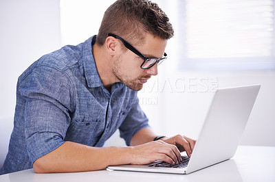 Buy stock photo University, elearning and man with laptop for research, study and typing for education, knowledge and opportunity. Computer, reading and college student writing report for online course with glasses.