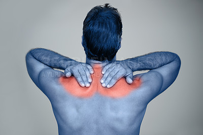 Buy stock photo Studio, man and hands for shoulder pain or tension with muscle inflammation, discomfort and sprain of stress or strain. Red glow, back view and person with ache, injury and bruise on grey background