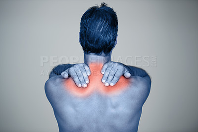 Buy stock photo Studio, man and hands for muscle or shoulder pain with tension or inflammation with discomfort, sprain and stress or strain. Red glow, back view and person with body ache or injury on grey background