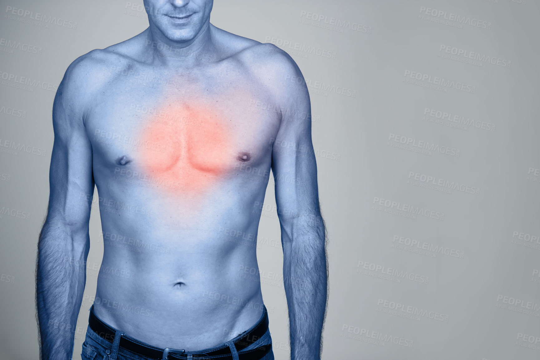 Buy stock photo Medical, chest pain and man with heartburn in studio with inflammation, discomfort or injury. Red glow, shirtless and person with healthcare emergency, ache or strain by gray background with mockup.