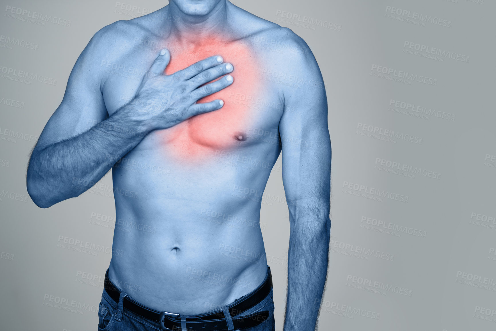 Buy stock photo Medical, chest pain and man with inflammation in studio with heartburn, discomfort or injury. Red glow, shirtless and person with healthcare emergency, ache or strain by gray background with mockup.