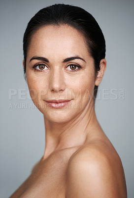 Buy stock photo Women, studio and portrait with proud, skin and care for treatment and beauty. Model, cosmetics and natural with lip gloss, glow and aesthetic for antiaging confidence isolated on grey background