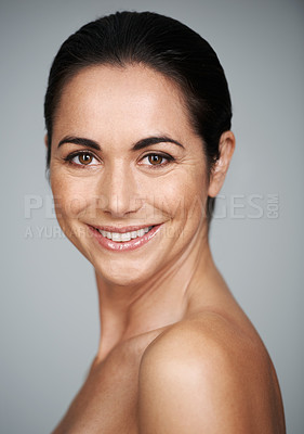 Buy stock photo Model, studio and portrait with smile, skin and care for treatment and proud. Woman, cosmetics and natural with lip gloss, glow and aesthetic for antiaging confidence isolated on white background