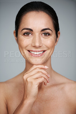 Buy stock photo Woman, studio and smile with thinking, skin and care for treatment and proud. Model, cosmetics and natural with lip gloss, glow and portrait for antiaging confidence isolated on white background