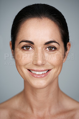 Buy stock photo Woman, beauty and portrait with smile, skin and care for treatment and proud. Model, cosmetics and natural for lip gloss, glow or aesthetic for antiaging confident isolated on grey studio background