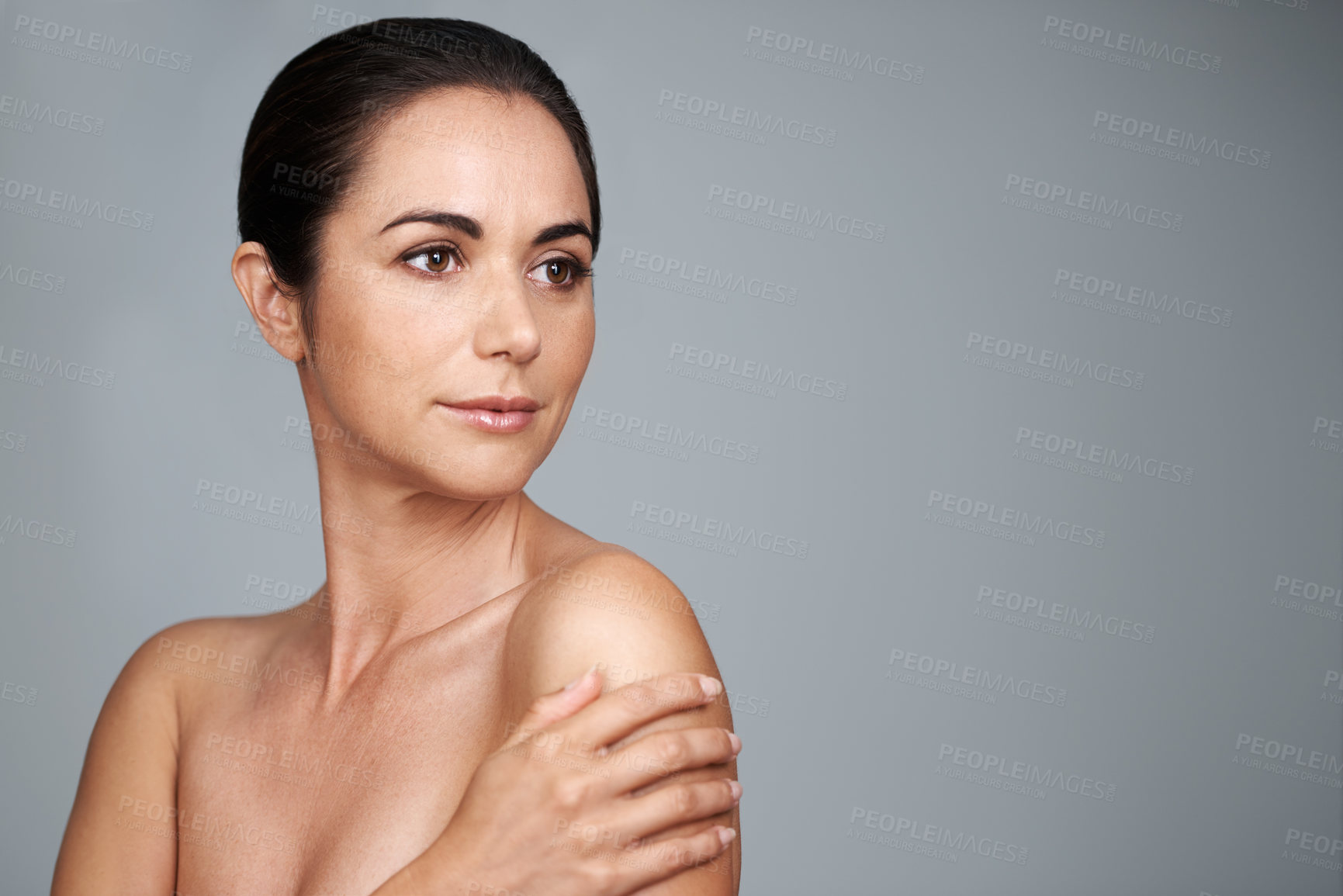 Buy stock photo Mockup, skin and face of woman for skincare, anti aging and beauty isolated on gray background. Mature female person, lady and dermatology for wellness, natural tone and cosmetology in studio
