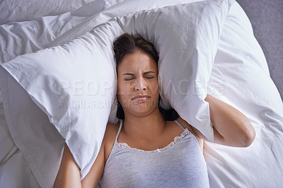Buy stock photo Bed, insomnia and woman frustrated with sleeping with anxiety, restless and unhappy on soft mattress. Apartment, home and female person depressed with mental health in bedroom of house at night