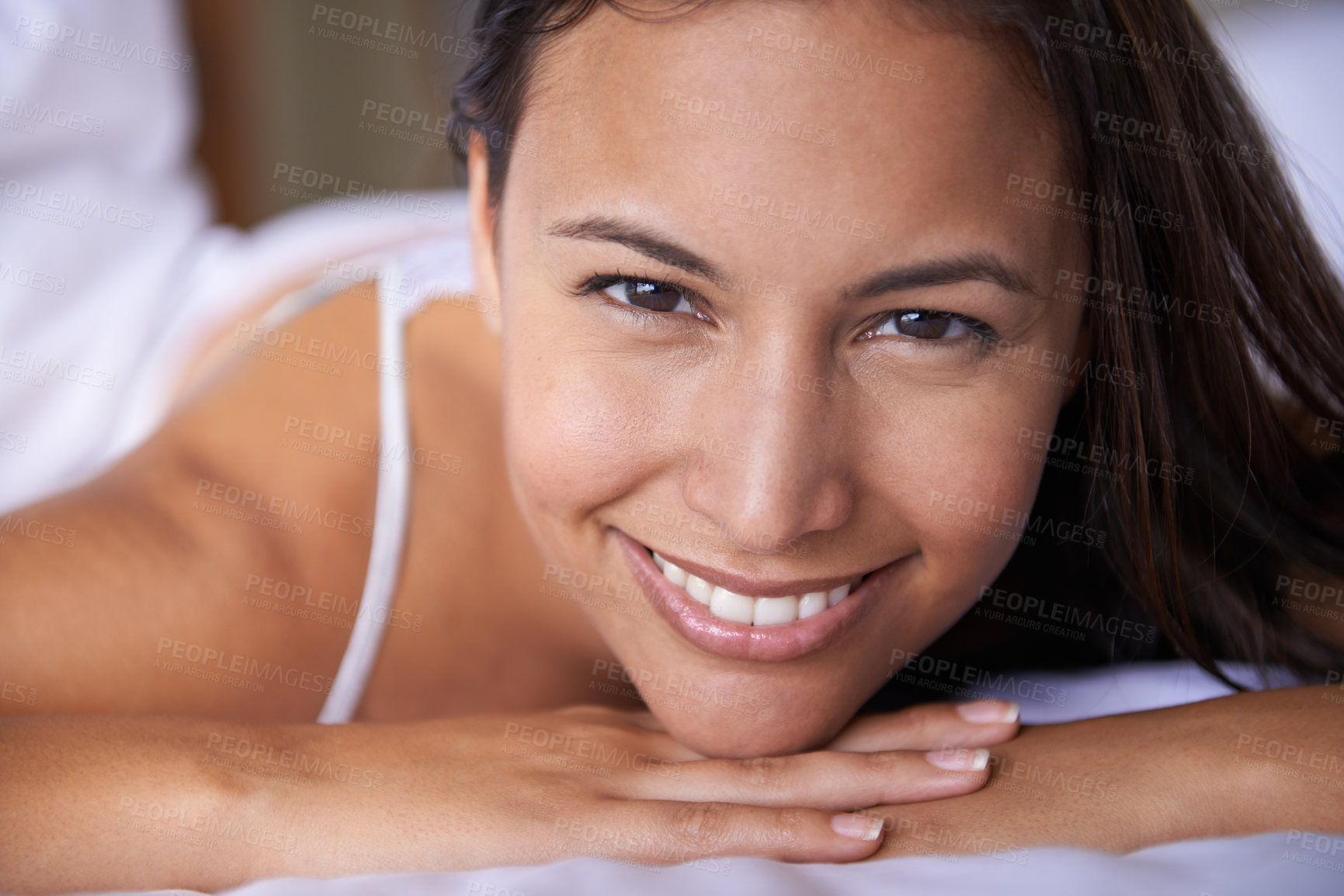 Buy stock photo Wake up, smile or portrait of woman in bed for resting to relax in a home, house or apartment. Peace, morning or face of a happy person with wellness, comfortable mattress or confidence in bedroom