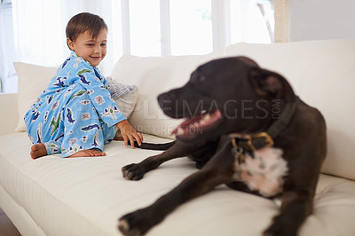 Buy stock photo A cute liittle boy sitting on a couch with his dog