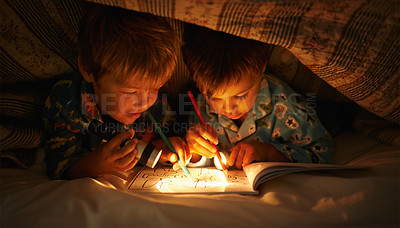 Buy stock photo Flashlight, blanket and children at night with happiness in dark with drawing in a book. Friends, relax and sketch on notebook with torch or light under duvet at sleepover with a pillow tent