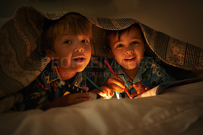Buy stock photo Blanket, flashlight and portrait of children at night with happiness, drawing in a book. Friends, relax and sketch on notebook in dark with light or torch under duvet at sleepover with a pillow tent