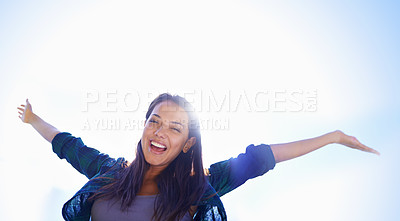 Buy stock photo Portrait of an attractive young woman celebrating the day outside