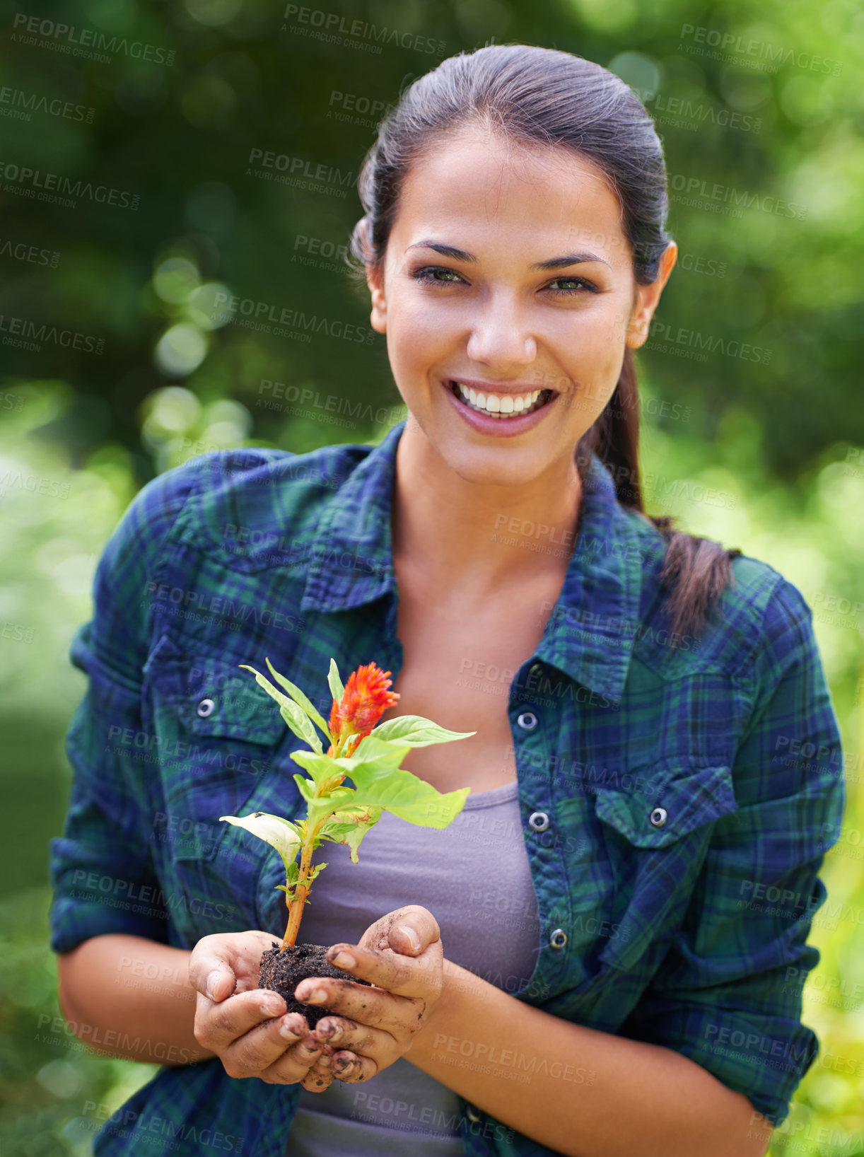 Buy stock photo Portrait, flower and smile with woman gardening in backyard of home for growth or sustainability. Face, plant and landscaping with happy young person in garden for cultivation or horticulture
