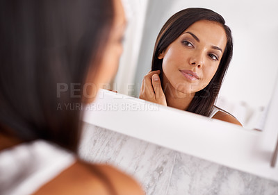 Buy stock photo Woman, makeup and skincare in bathroom mirror with beauty, dermatology or happy for face results. Young person with smile in reflection for facial foundation, cosmetics and getting ready at her home 