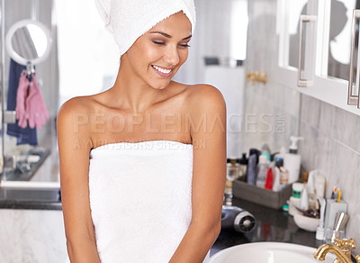 Buy stock photo Woman, smile and thinking in bathroom, shower fresh in home for soft body. Wash, clean or grooming for skincare and relax ideas, wellness or self care vision for female person or apartment in morning