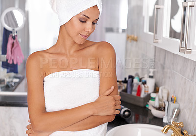 Buy stock photo Woman, towel and thinking in bathroom, shower fresh in home with soft body. Wash, clean or grooming for skincare and relax ideas, wellness or self care vision for female person  in apartment