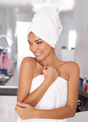 Buy stock photo Smile, towel and woman in bathroom with natural beauty, cosmetics and wellness for getting ready. Happy, fresh and female person with health, hygiene and skin routine for self care at apartment.