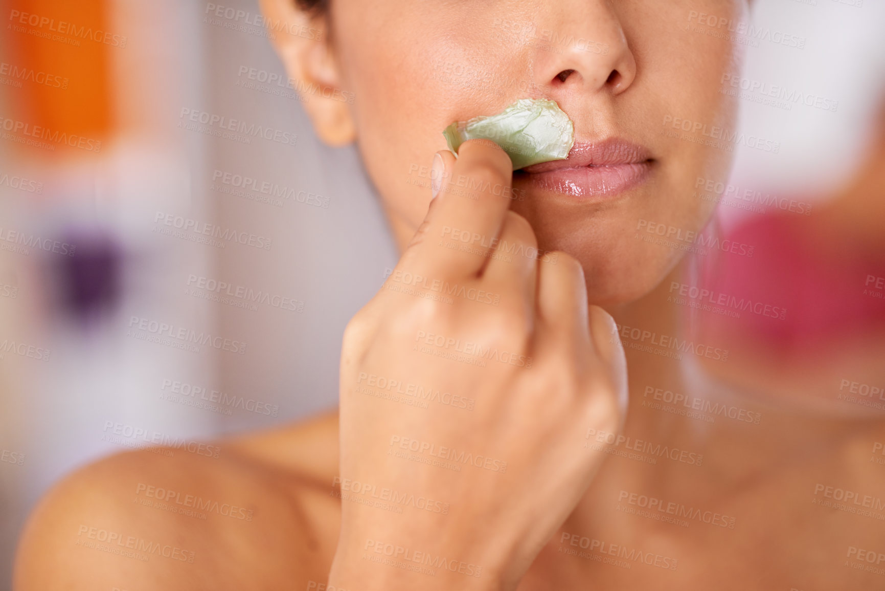 Buy stock photo Waxing, lip and woman for wax, facial or cosmetic and skincare treatment in home. Young person with product for clean, beauty or peeling for hygiene, wellness and fresh on face for spa on mockup  