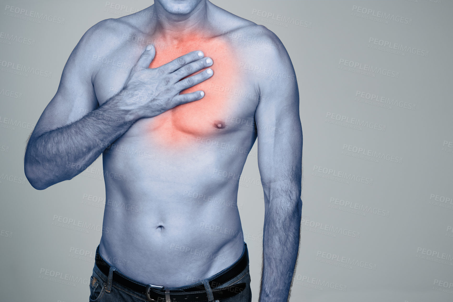 Buy stock photo Hand, chest pain or man with heartburn in studio with inflammation, discomfort or injury space. Red glow, topless body or person with healthcare emergency, ache or strain by grey background mockup