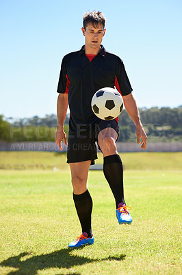 Buy stock photo Man, stadium and football for training with workout or practice for game with fitness and competitive in France. Male person, player and exercise for sport or soccer career with warm up for match