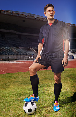 Buy stock photo Man, soccer and think in stadium for game with workout or practice for match with fitness and tournament in Germany. Male person, player and exercise for sport or football career with warm up