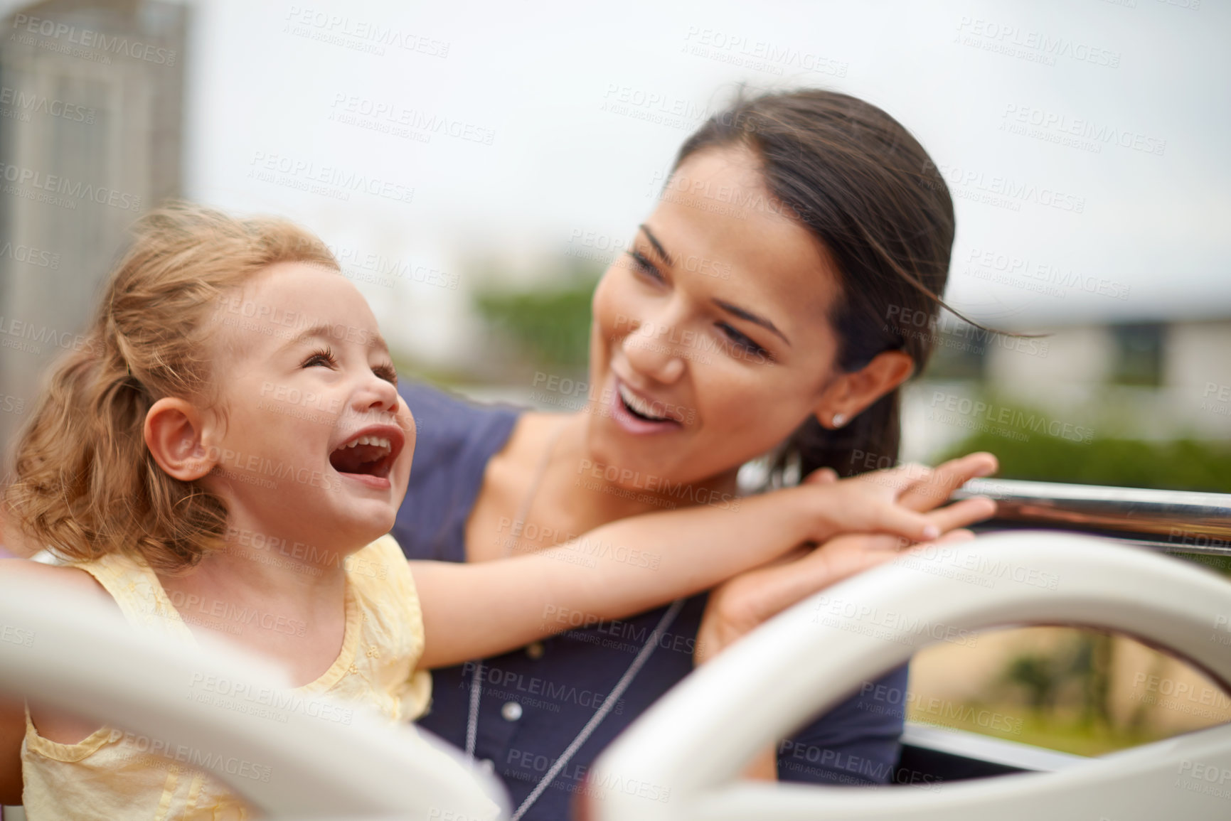 Buy stock photo Smile, mother and child travel on bus together on vacation, holiday and family trip outdoor. Happy girl, kid and mom on journey, funny and laughing tourist excited for sightseeing on transportation