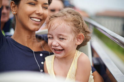 Buy stock photo Family, woman and child are happy on bus for travel or journey and bonding together for break and fun on weekend. Mother, daughter or girl on road trip for holiday, smile and laugh for development
