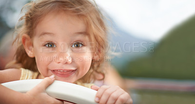 Buy stock photo Portrait, smile and child outdoor in summer on holiday, vacation and adorable little girl travel alone in Switzerland for trip. Face, happy and cute kid in nature for journey, adventure and childhood