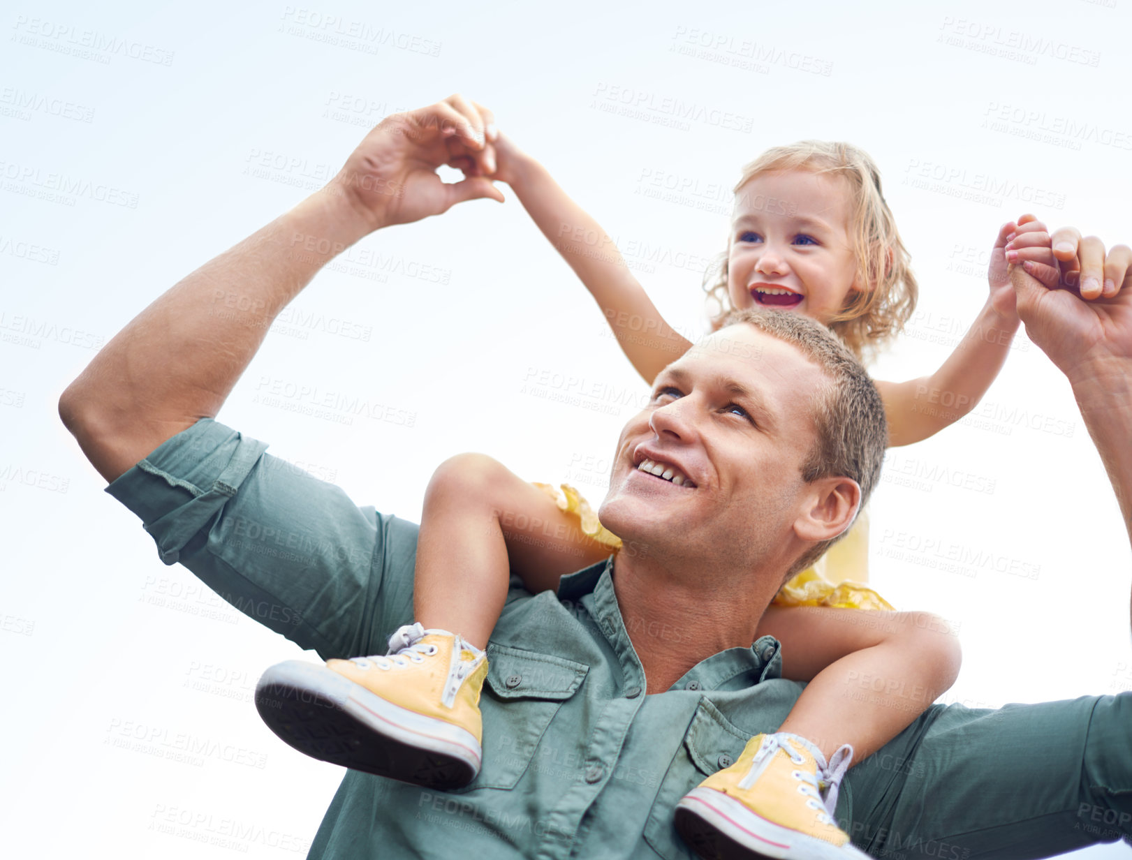 Buy stock photo Man, child and family for play, love and bonding together for break and fun on weekend in outdoor. Father, daughter or girl on back with smile and laugh for development, kid and care for happy  