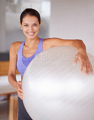 Buy stock photo Happy woman, portrait and fitness with ball for pilates, health and wellness at home. Face of female person or yogi with smile for gym equipment, training or workout in sports or wellbeing at house