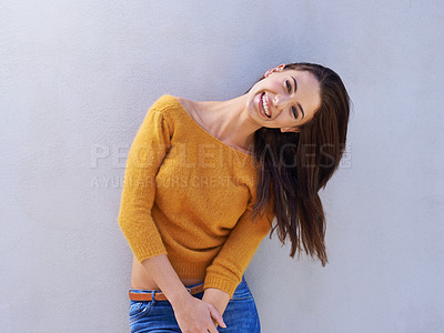 Buy stock photo Portrait, fashion and happy woman on a wall, model or funny girl laughing isolated on a purple background mockup space. Smile, trendy and person in casual clothes, jeans or stylish sweater in Italy