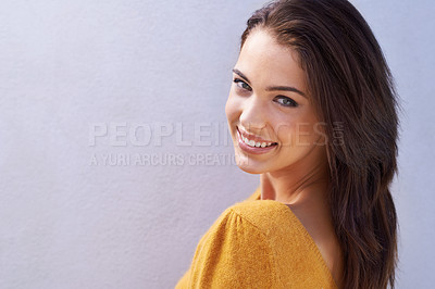 Buy stock photo Portrait, fashion and happy woman on a wall, beauty or girl isolated on a purple background mockup space. Face, skin and smile of young person in casual clothes, trendy and stylish sweater in Italy