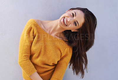Buy stock photo Portrait, fashion and happy woman on a wall, girl or funny model laughing isolated on purple background. Smile, face and beauty of young person in casual clothes, trendy or stylish sweater in Italy