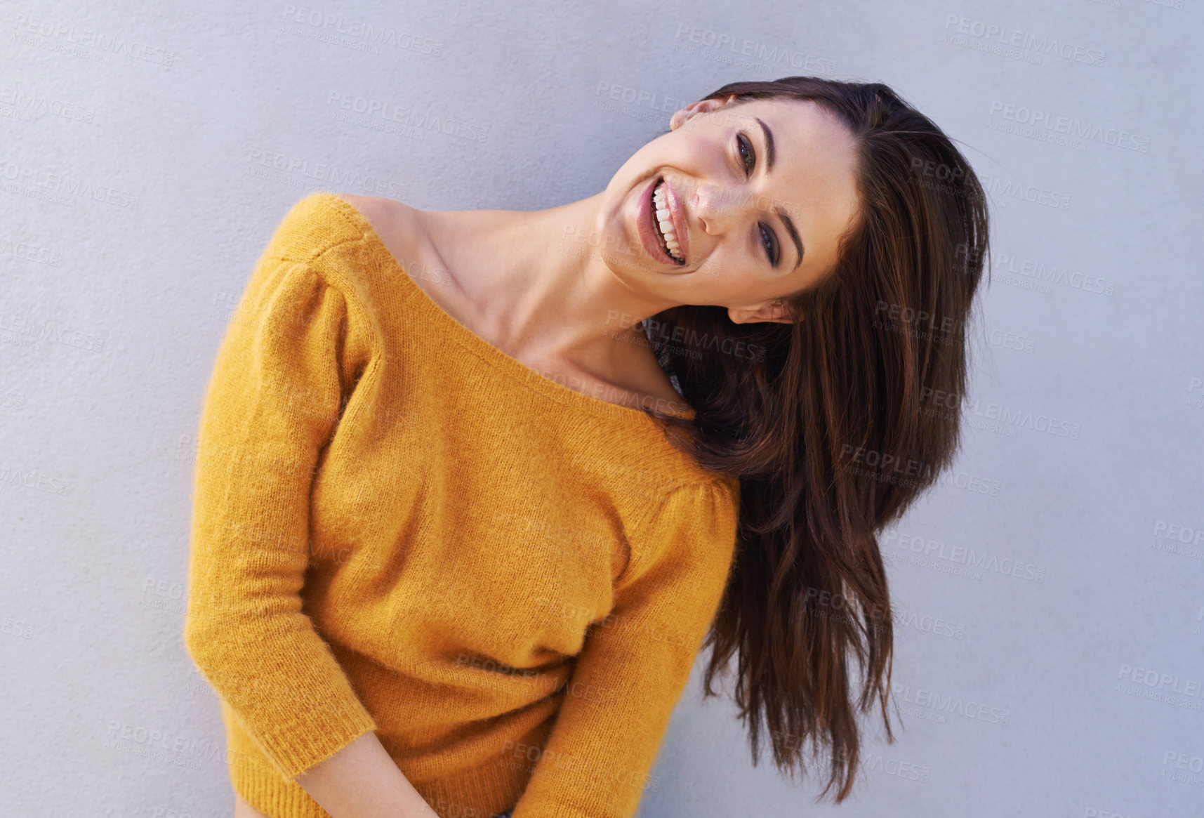 Buy stock photo Portrait, fashion and happy woman on a wall, girl or funny model laughing isolated on purple background. Smile, face and beauty of young person in casual clothes, trendy or stylish sweater in Italy