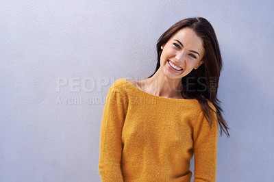 Buy stock photo Model, smile and mockup with fashion, trendy and proud with sweater for comfort. Woman, happy and positive with natural, fun and confidence for cool or elegant style isolated on white wall background