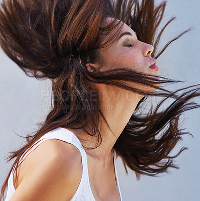 Buy stock photo Woman, hair or wind as haircare, hairdressing or keratin as healthy, texture or growth for scalp. Long, natural or hairstyle as grooming for maintennce, shine or volume in studio on white background