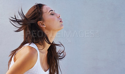 Buy stock photo Woman, hair or shake as hairdressing, haircare or keratin for texture, growth or scalp on mockup. Wind, long or natural style as grooming in hairstyle, shine or volume in studio on grey background