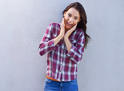 Buy stock photo Portrait, surprise and woman with news, wow and announcement on a grey background. Face, person and model with emoji and shocked with gossip and omg with wtf and excited with discount deal and sale