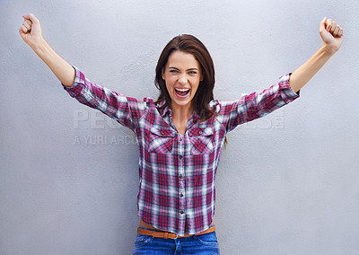 Buy stock photo Portrait, surprise and woman with news, excited and announcement on a grey background. Face, person and model with emoji and shocked with gossip and omg with wtf and celebration with discount deal