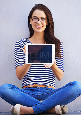 Buy stock photo Young woman, portrait or tablet screen for display or technology on digital app for education by wall background. Student, smile or face with touchscreen for online research or connectivity to learn