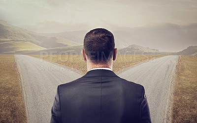 Buy stock photo Businessman, crossroads and path in countryside for solution and direction for career prospect on roads. Corporate choice, person and back for professional journey and job opportunities for planning