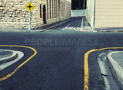 Buy stock photo Crossroads, intersection at road for travel direction in city or decision choice for pathway journey, symbol sign or navigation. Street, four way and outdoor location or London, adventure or building